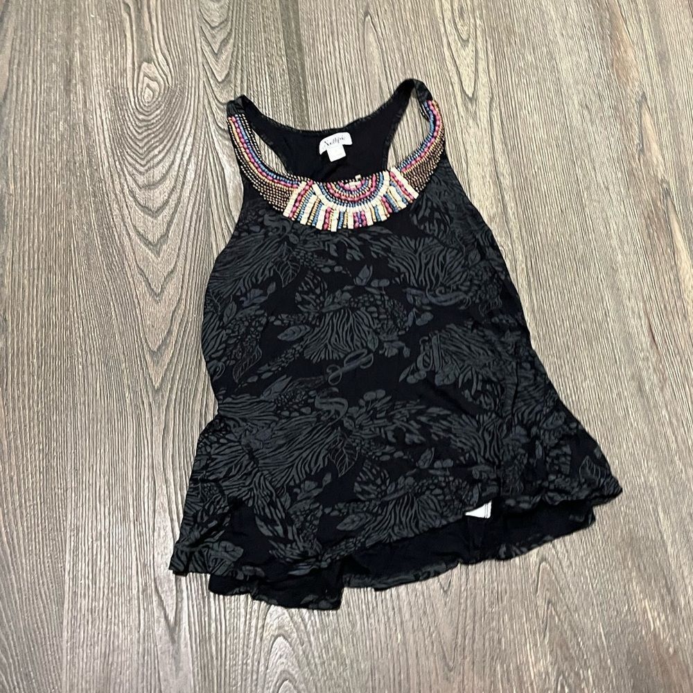 Y2K Vintage Southpole Tank Top BeadedβCollar Racerback Floral Print Black Large